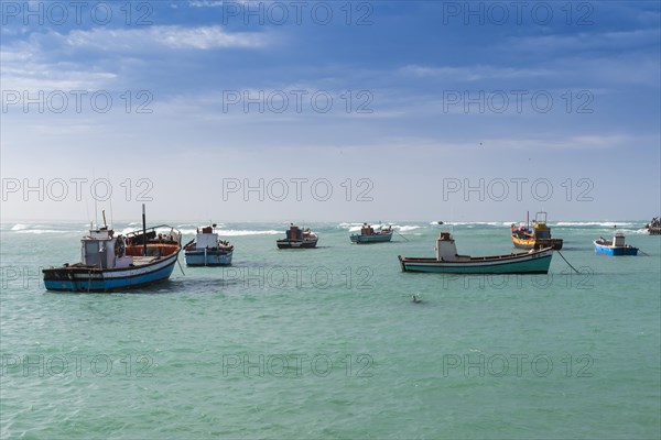 Anchored fishing boats in harbor