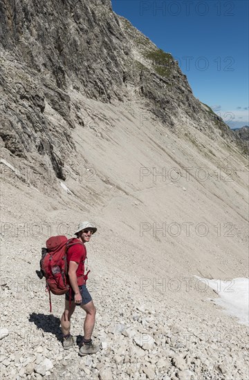 Hikers in a scree field below the Hochvogel