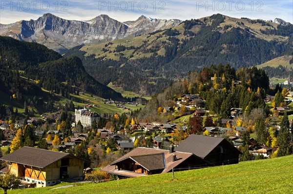 Townscape with Gstaad Palace Hotel in autumn