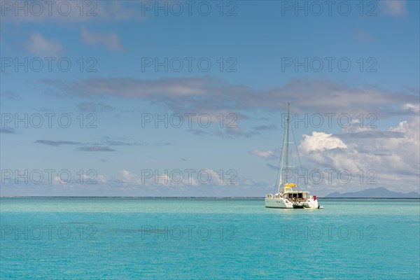 Catamaran in turquoise lagoon