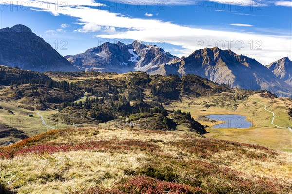 Kalbele lake at Hochtannbergpass with a view of Braunarlspitze