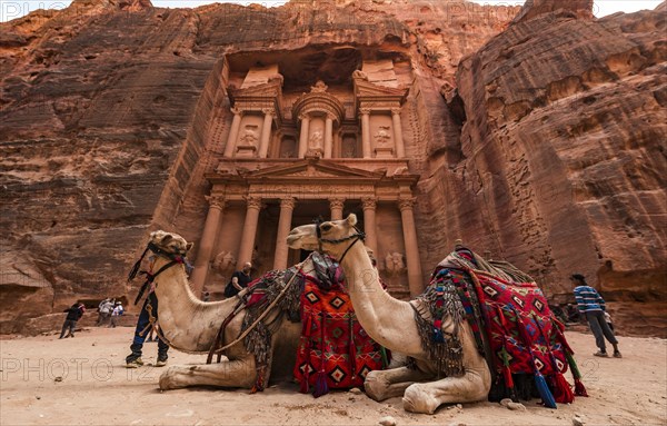 Dromedaries in front of the Pharaoh's treasure house carved out of rock