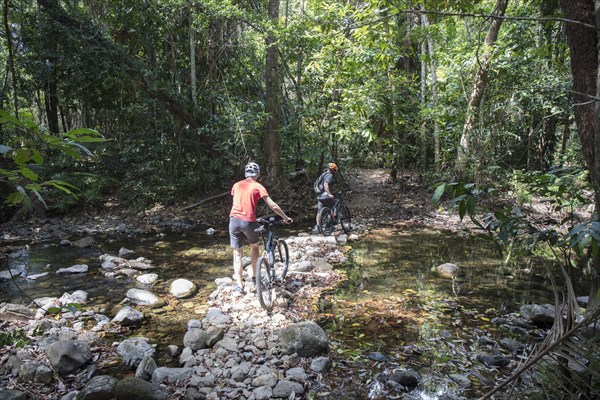 Two cyclists with e-mountain bikes in rainforest