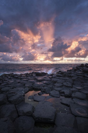 Basalt columns by the coast at sunset