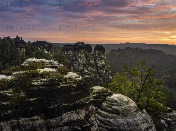 Schrammsteine around the Bastei at sunrise