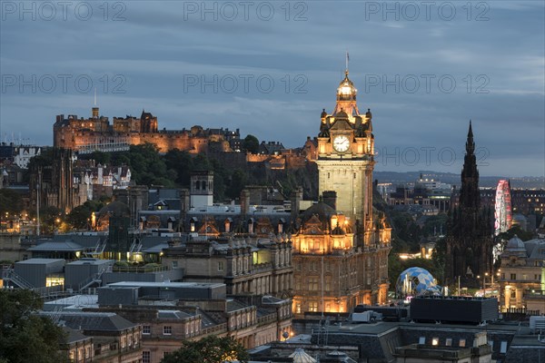 View of historic centre of Edinburgh with Balmoral Hotel tower and Edinburgh Castle