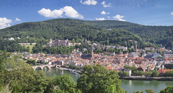 View of historic centre with Karl Theodor Bridge and castle from the Philosopher's Walk in Heidelberg