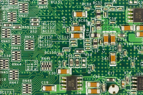 Green circuit board with conductive tracks and elements