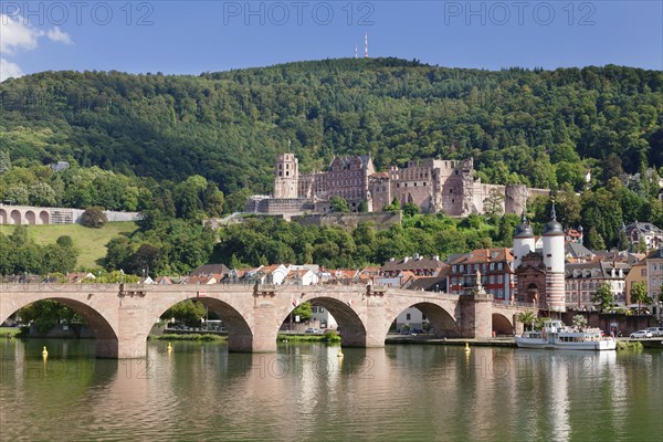 View of Karl Theodor Bridge and Gate over the Neckar River with castle in Heidelberg