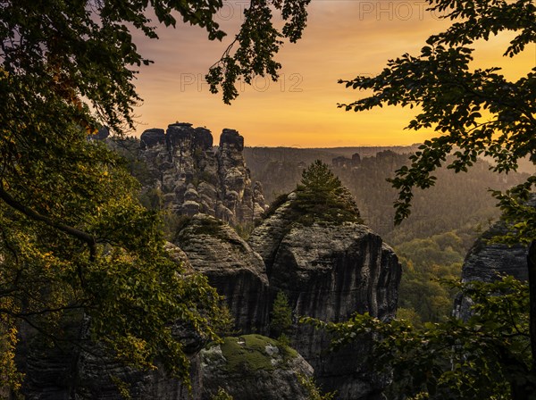 Schrammsteine around the Bastei at sunrise