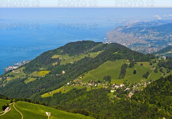 View from Pass Col de Jaman over Les Avants and Lake Geneva near Vevey