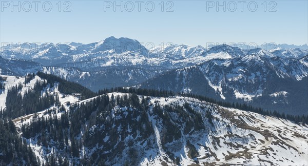 View from the Brecherspitz on pre-Alps with snow