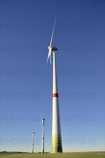 Wind power plants against a blue sky