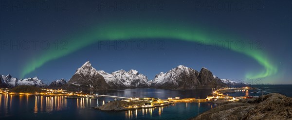 Northern Lights or Aurora Borealis over Sakrisoy and Hamnoy