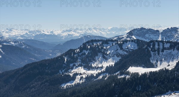 View from the Brecherspitz on pre-Alps with snow