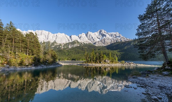 Lake Eibsee lake with Sasseninsel and Zugspitze