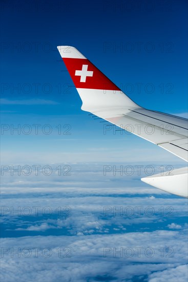 Wing of a Bombardier CS300 with Swiss Air logo