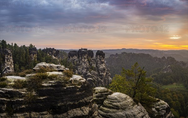 Schrammsteine around the Bastei at sunrise