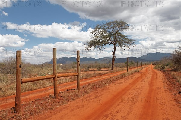 Electric fence of Rhino Sanctuary on red dirt road