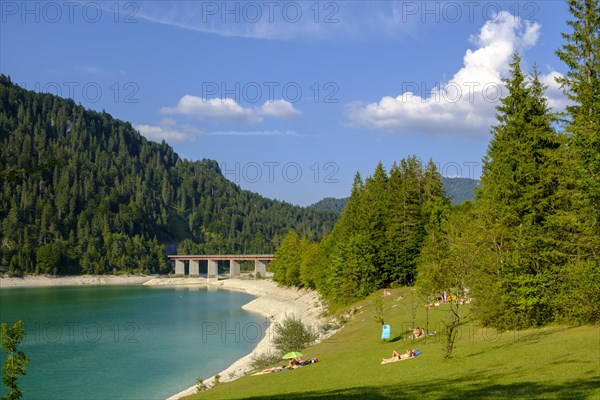 Bathers on sunbathing lawn at Sylvenstein Dam