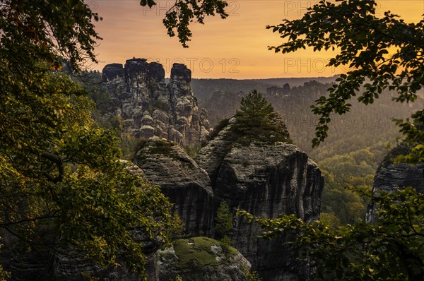 Schrammsteine around the Bastei at sunrise