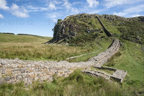 Hadrian's Wall with foundation walls of former watchtower