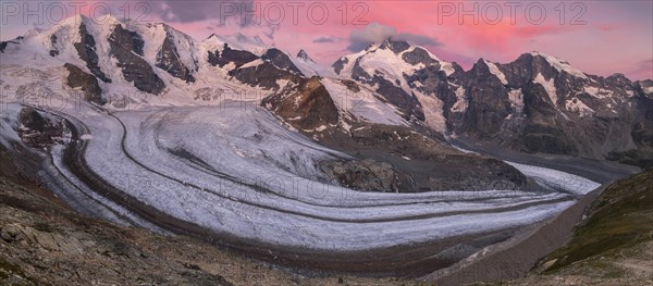 Panoramic view of the Bernina Group at dawn