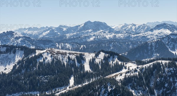 View from the Brecherspitz on pre-Alps with snow