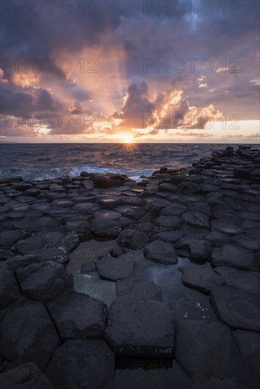 Basalt columns by the coast at sunset