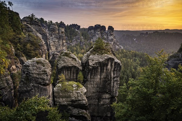 Schrammsteine around the Bastei at sunrise