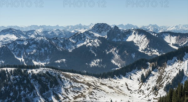 View from the Brecherspitz on pre-Alps with snow