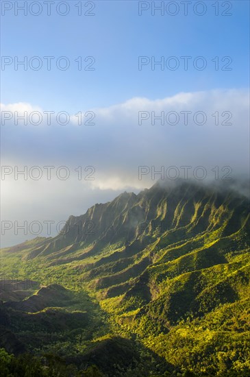 Napali coast with green mountains seen from the Kalalau lookout