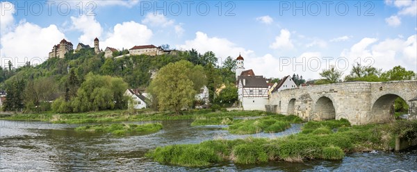 Old town and castle Harburg with bridge over the river Wornitz
