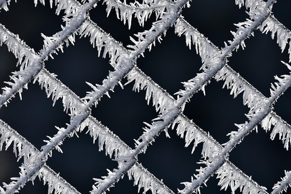 Chain link fence covered with hoarfrost