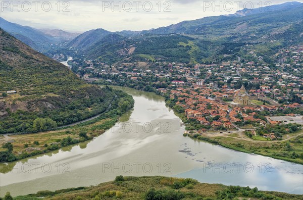 View over Aragvi River and Mtskheta Holy Cross Church