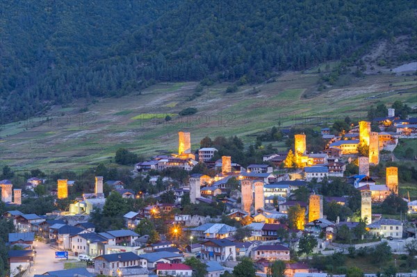 Traditional Svanetian towers at sunset