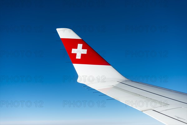 Wing of a Bombardier CS300 with Swiss Air logo