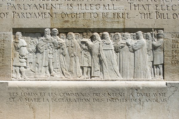 The English Parliament presents Wilhelm von Oranien 1689 the Declaration of Rights Relief at the International Monument of the Reformation