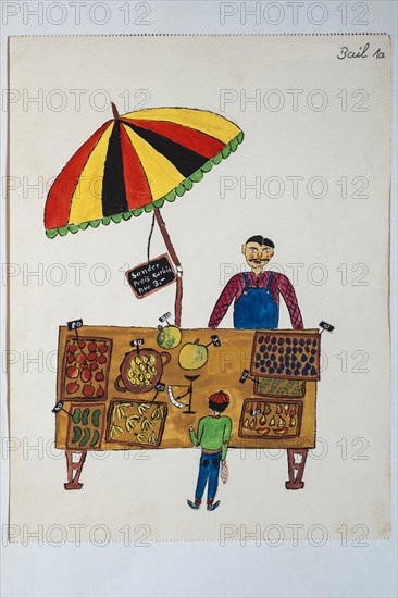 Market stall with fruit and parasol