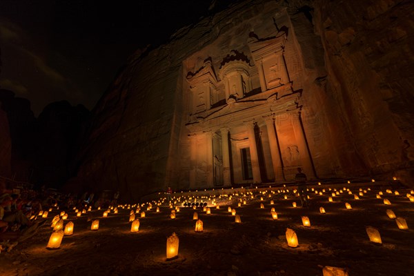 Candles in front of the Pharaoh's treasure house at night