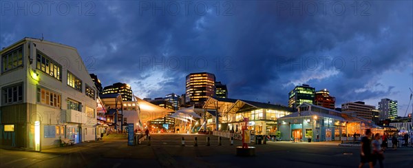 Panorama of Queens Wharf illuminated in the evening