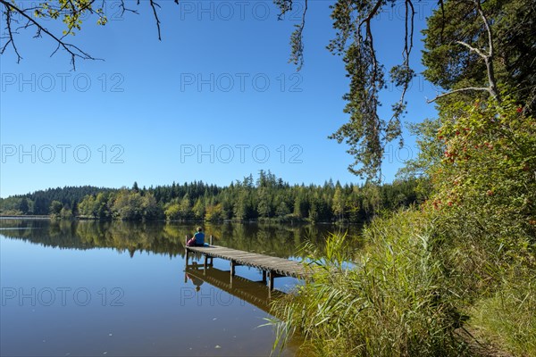 Footbridge with hiker at Auweiher near Bernried