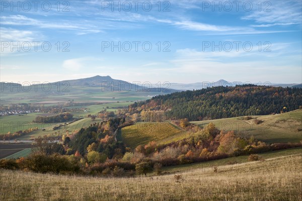 Hilly landscape with Hohenstoffeln and Hohenhewen in autumn