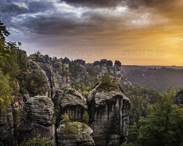 Schrammsteine around the Bastei at sunrise