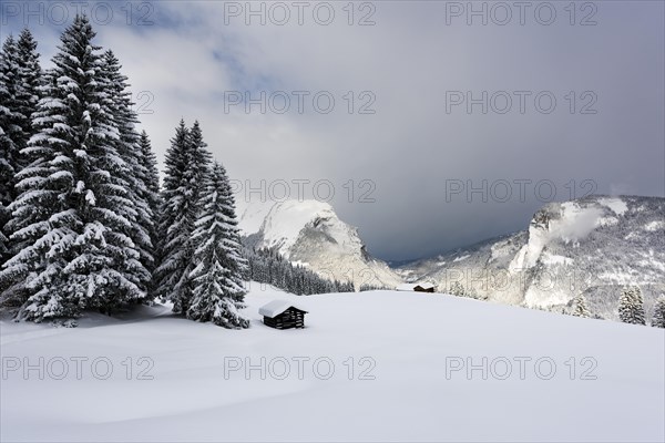Small country cottage in snowy mountain landscape