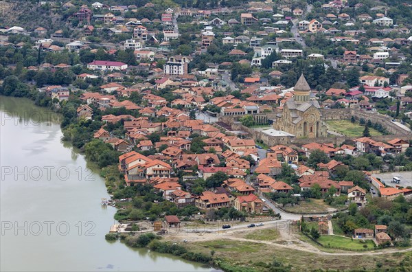 View over Aragvi River and Mtskheta Holy Cross Church