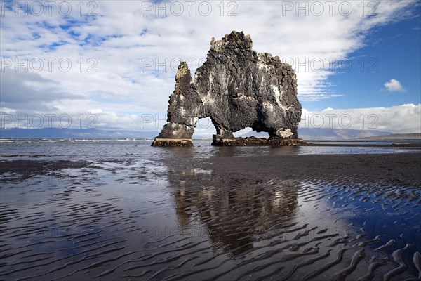 Distinctive basalt rock Hvitserkur at low tide