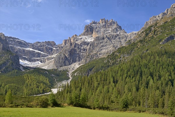 View from Fischleintal to larch forest with Dreischusterspitze 3152 m