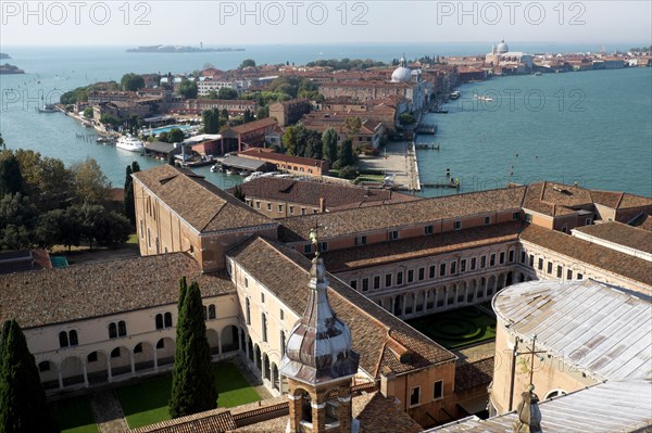 View from the tower of the church San Giorgio Maggiore to the church complex and Dorsoduro