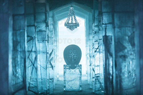 Entrance hall with sculpture and chandelier made of ice